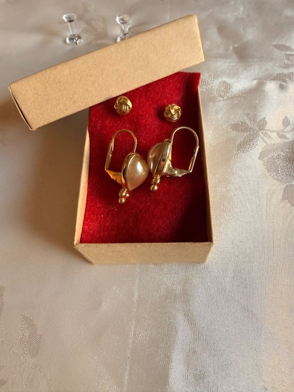 Gold-Tone Heart Pearl Leverback Earrings & Knot Stud Earrings
